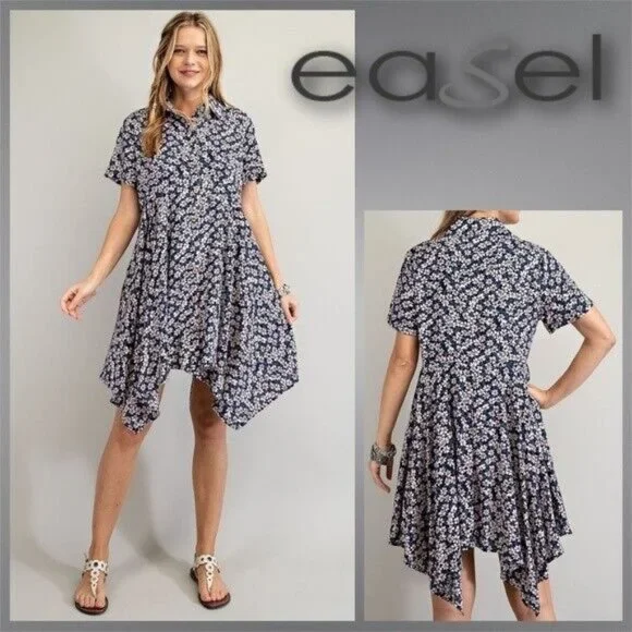 EASEL Lightweight Short Sleeved Collared Button Front Shark Bite Hem Shirt Dress - Picture 1 of 14